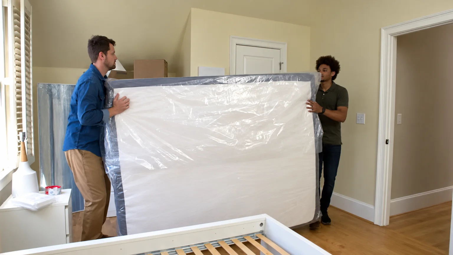 Wrapped furniture carried by movers