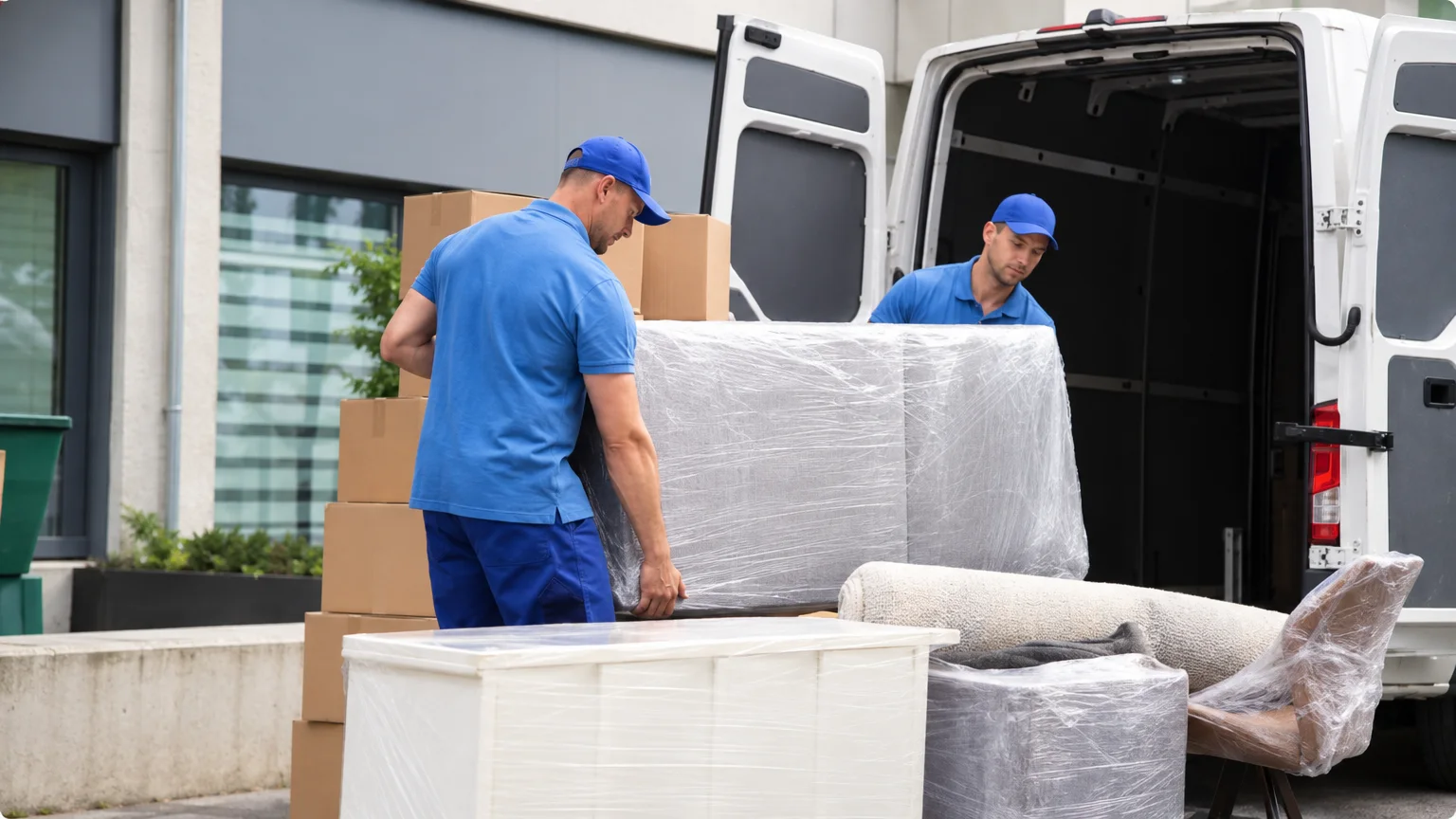 Wrapped sofa being loaded