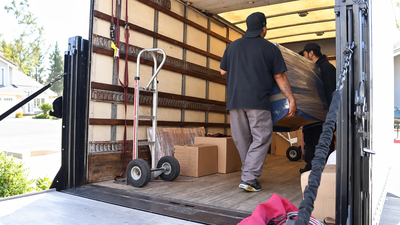 Movers completing a careful unloading sequence